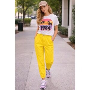 Vintage‎ 90s Yellow Tapered snap front high waisted ankle pants 6 Short